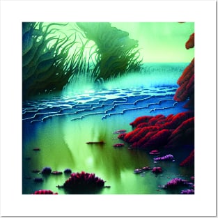 Magical Landscape Painting featuring Sea and Purple Plants, Scenery Nature Posters and Art